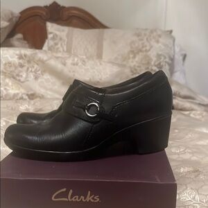 Clarks Black Heeled Shoes with Silver Buckle